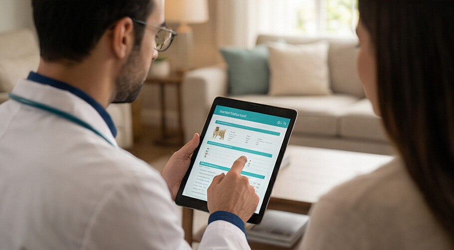 Veterinário +veovet mostrando prontuário digital no tablet